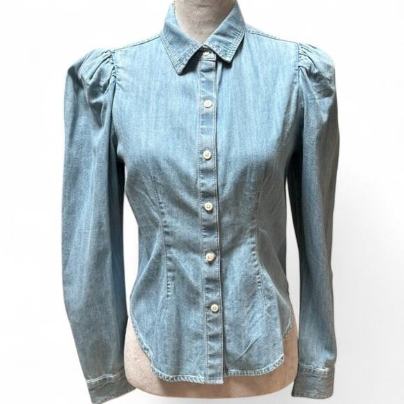 EXPRESS Chambray Denim Button Down Shirt Puff Sleeve Modest Fitted Top XS Blue - Picture 1 of 7